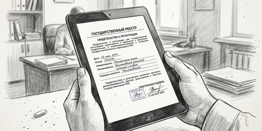 фрагмент PDF-выписки из реестра лицензий на экране планшета — видны поля «номер лицензии», «статус», «вид образования», но без реальных данных конкретной организации