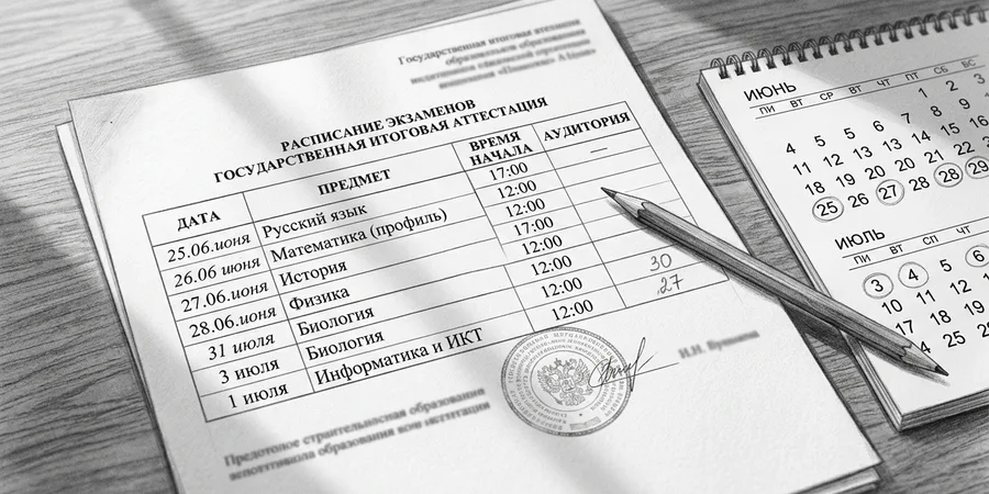 страница приказа Минпросвещения с расписанием ОГЭ, на столе календарь с обведёнными датами 29 июня и 6 июля
