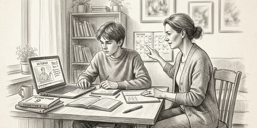 Подросток за столом с учебниками и ноутбуком, на экране — урок в новой онлайн-школе, рядом мама помогает разобраться с расписанием
