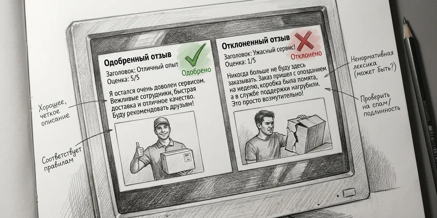 скриншоты двух отзывов на экране, один отмечен зелёной галочкой, второй — красным крестом, на полях редакторские заметки