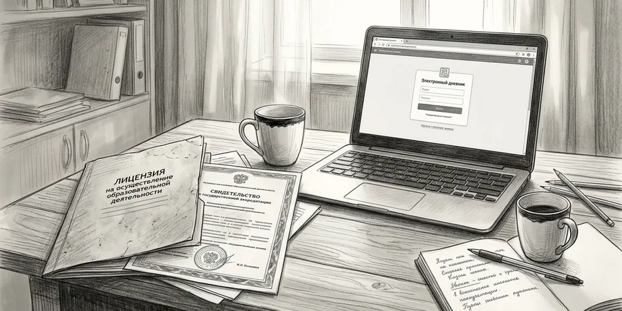 ноутбук с открытой образовательной платформой, рядом папка с документами — лицензией и свидетельством об аккредитации