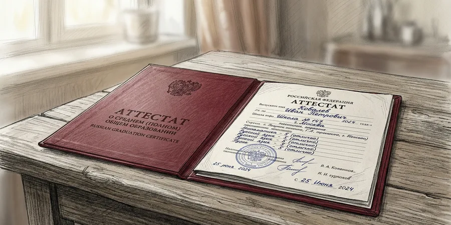 аттестат государственного образца в красной обложке рядом с зачёткой будущего абитуриента