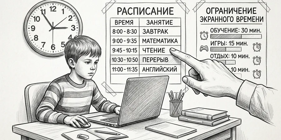 Ребёнок занимается онлайн за ноутбуком по расписанию с ограничением экранного времени