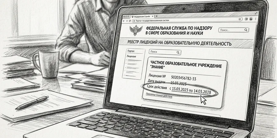 экран ноутбука с открытым реестром лицензий на сайте госоргана