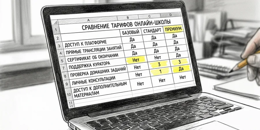 крупный план экрана с открытой таблицей сравнения тарифов трёх онлайн-школ