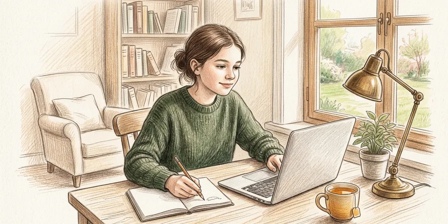 A teenager around 12–14 years old sitting calmly at a wooden desk by a large window in a cozy home room