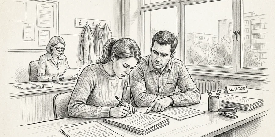 родители заполняют документы за столом в приёмной комиссии посольской школы Белграда