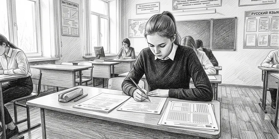 молодой человек в аудитории сдаёт ЕГЭ в российской школе, на парте бумаги КИМ