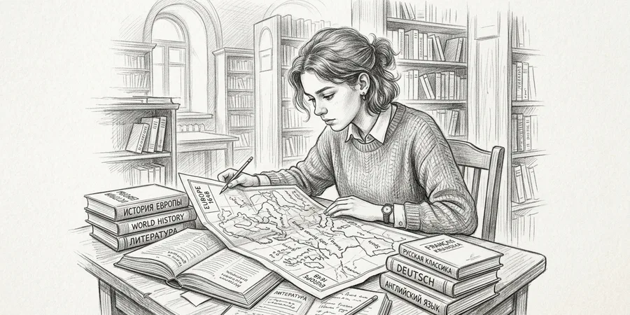Ученик гуманитарного класса работает с историческими источниками в библиотеке