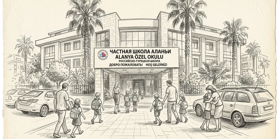 Здание частной русской школы в Аланье с двуязычной вывеской